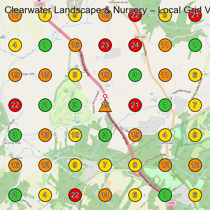 Clearwater Landscape & Nursery Landscape Architect GeoGrid ranking map for Ijamsville MD